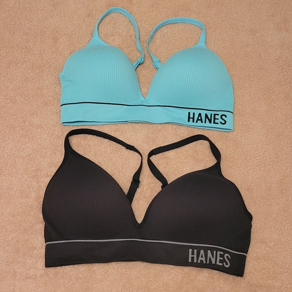 Hanes Set of 2 Turquoise & Black Adjust Seamless Rib Padded Wireless Bras. Sz: M